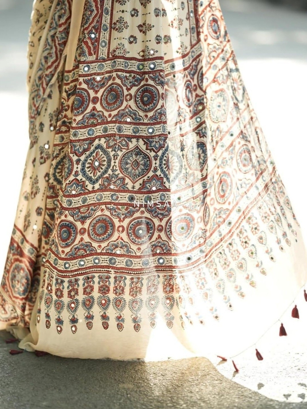 Ajrakh Print Japan Satin Saree with Mirror Work & Latkan - Picture 11 of 17
